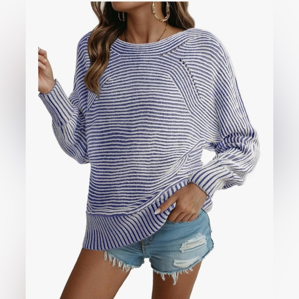 NEW Blue Winter Knit Striped Batwing Pullover Oversized Long Sleeve Sweaters S